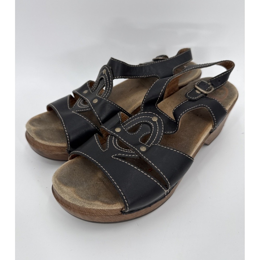 Dansko Womens Sigrid Black Waxy Leather Sandals Clogs Size 41/10.5 Boho Comfort